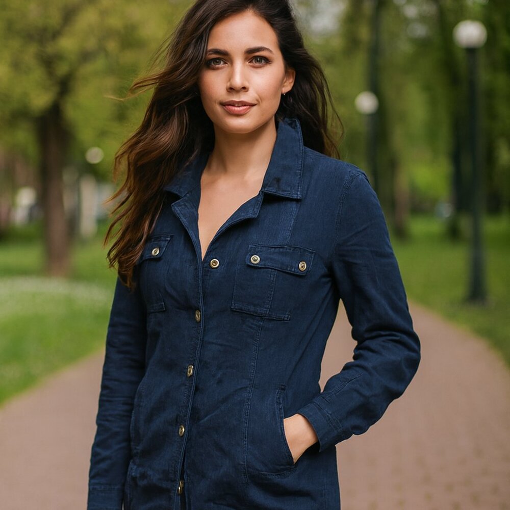 CAbi Jacket Women S Blue Chambray Button Drawstring Shacket Roll Tab Sleeve Boho